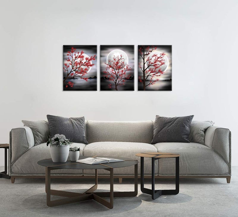 Zlove Natural Canvas Wall Art Red Moon Flower Tree Wall Decor Landscape Painting Pictures for Bedroom, 12"x16", 3Pcs - Image 2